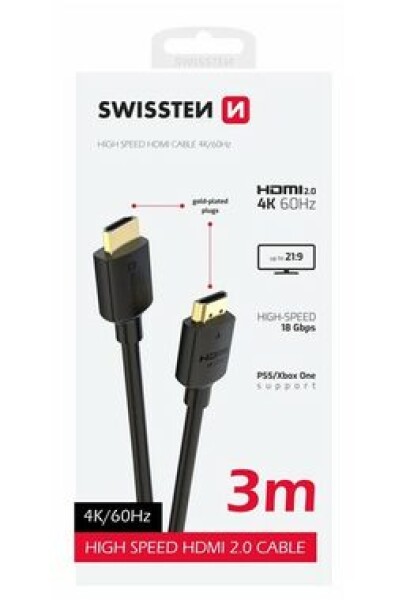 Swissten Kábel HDMI 2.0 (M) - HDMI 2.0 (M) 3M čierna / 18 Gbps / 4K / 60Hz / pozlátené kontakty (75501113)