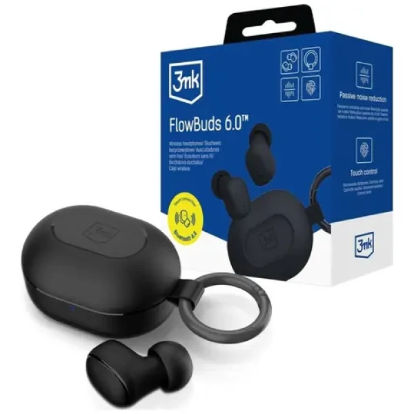 3mk FlowBuds 6.0 čierna / Bezdrôtové slúchadlá s mikrofónom / Bluetooth 5.3 / nabíjacie púzdro (5903108744713)