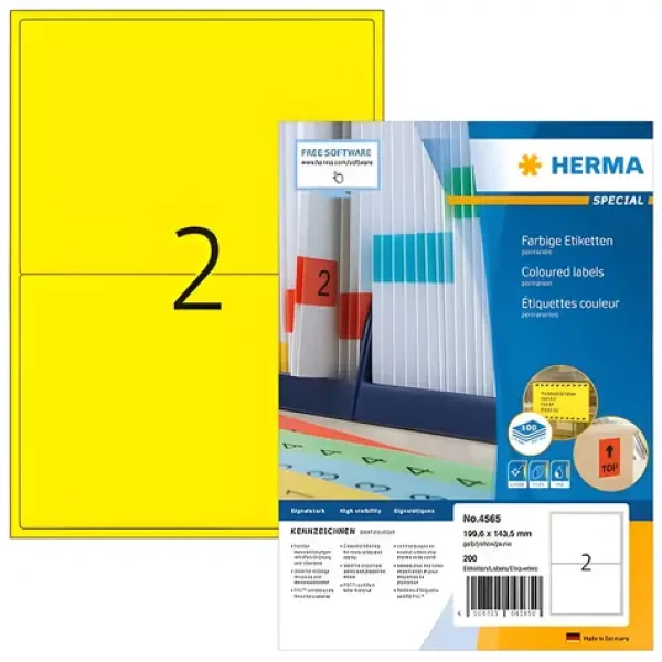 Herma Etikety A4 žltá / Etikety / papier matný / 199,6x143,5 mm / 1400 ks (4565)