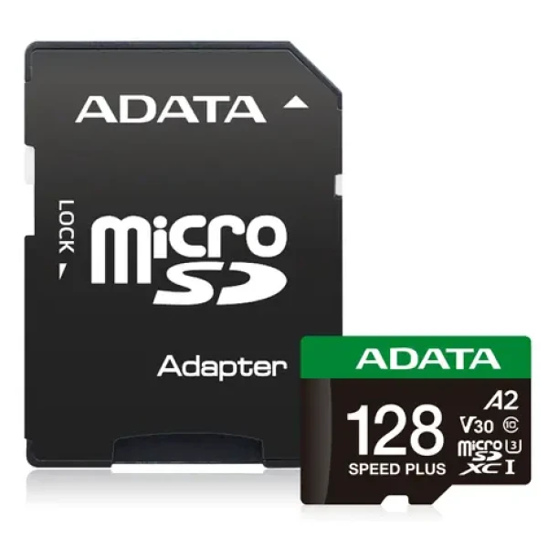 ADATA Speed PLUS microSDXC 128 GB + adaptér / Pamäťová karta / UHS-I U3 V30 A2 / R: 180 MB/s / W: 160 MB/s (UD128GUI3V30A2SP-RA1)