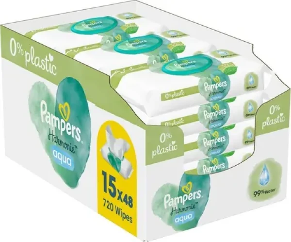 Pampers Harmónia Aqua Plastic Free Vlhčené obrúsky 720ks (15 x 48 ks) (8006540510247)