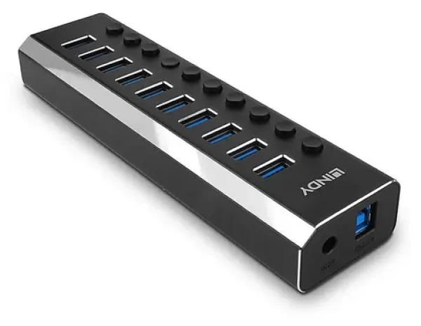 Lindy 10 Port USB 3.0 Hub čierna / Rozbočovač / vypínače portov / napájací adaptér 12V/3A (43370)