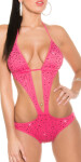 Sexy Neck Monokini, midriff + rhinestones pink S