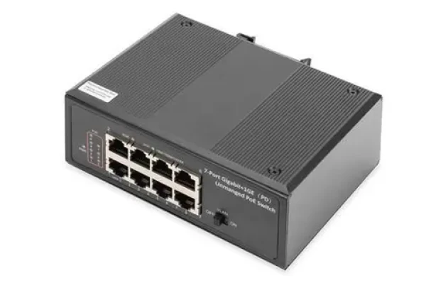 Digitus průmyslový switch 7x Gigabit PoE 240W černá / Switch / Unmanaged / VLAN / DIN lišta (DN-651113)