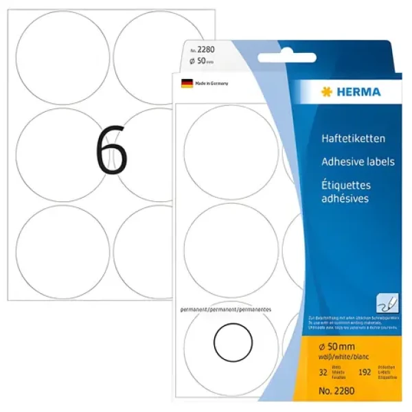 Herma Viacúčelové etikety biele okrúhle 50 mm / Etikety / Papier / 192 ks (2280)