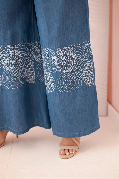 Dámske Plus veľkosť široké nohavice s etnickou výšivkou Denim UNI