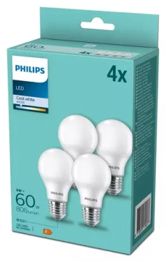Philips LED žiarovka E27 60W 4000K, 4 ks / Žiarovka / Plast / Energetická trieda F / 220-240 V (929002306397)