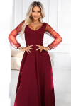 640-1 LORETTA jedinečné dlhé šaty s tylovými rukávmi a výstrihom - bordové XXL