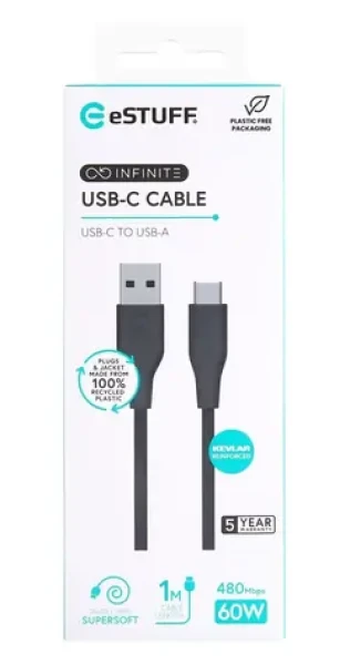 ESTUFF INFINITE (GRS) čierna / Kábel / USB-C - USB-A / 1 m / 60 W / GRS recyklovaný plast (ES605180)