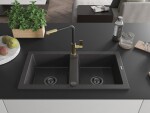 MEXEN/S MEXEN/S - Mario granitový drez 2-bowl vrátane batérie Flora, čierna kropenatá 6504-76-670401-57-B