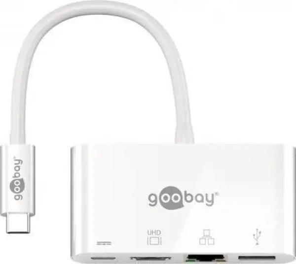 Goobay 62105 multiportový adaptér biela / 1x USB-C M na HDMI amp; Ethernet amp; USB-C amp; USB-A (4040849621055)