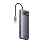 Baseus Metal Gleam USB-C rozbočovač 9v1 sivá / HDMI / USB-A / USB-C / RJ-45 / SD/TF / PD (WKWG060013)