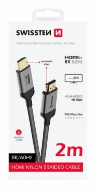 Swissten Kábel HDMI 2.1 (M) - HDMI 2.1 (M) 2m čierna / 48 Gbps / 8K / 60Hz / pozlátené kontakty (75501201)