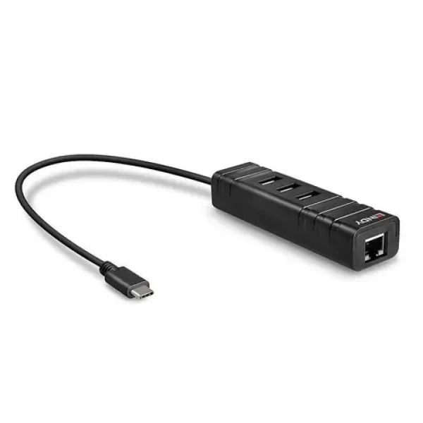 Lindy USB-C hub s Gigabit LAN čierna / USB hub / USB 3.2 Gen 1 / 3x USB-A / RJ45 (43249)