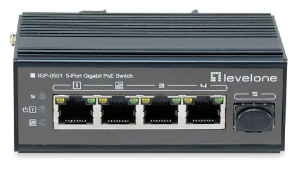 LevelOne IGP-0501 / Priemyselný switch / 4X GbE PoE+ / 1x SFP / 240W / Neriadený / Kov (IGP-0501)