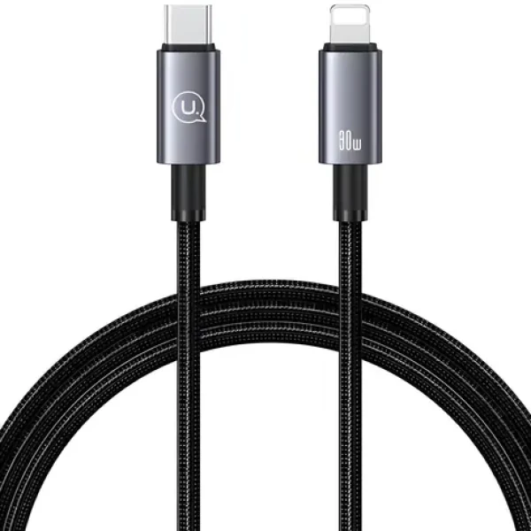 USAMS SJ662 čierna / Dátový kábel / Lightning - USB-C / 30W rýchlonabíjanie / 1,2 m / Nylonové opletenie (SJ662USB01)