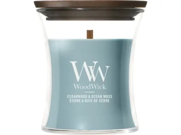 Woodwick Cedarwood Ocean Moss sviečka malá (5038581188027)