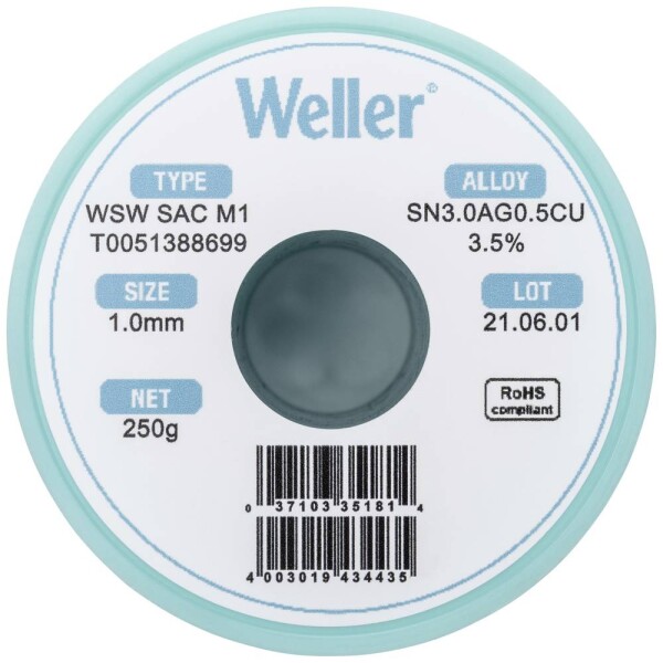 Weller WSW SAC M1 spájkovací cín bez olova cievka Sn3,0Ag0,5Cu 250 g 1 mm; T0051388699