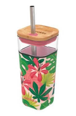 Quokka Sklenený cestovný hrnček so slamkou Liquid Cube Pink Jungle Flora 540 ml (40057QO)