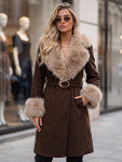 Dámsky kabát s odnímateľným kožušinovým golierom, hnedý, FashionStreet TY6073 L
