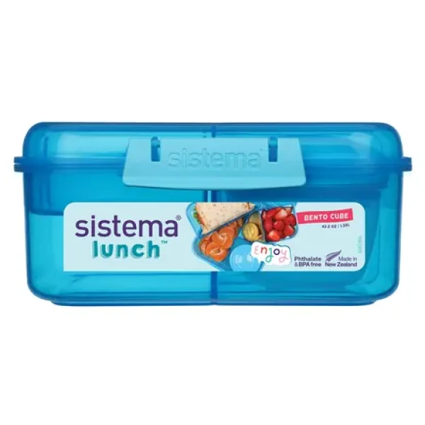 Sistema Delený desiatový box Lunch Bento Cube s nádobou na jogurt a 2 tácky 1,25 l, modrá (8592001418424)