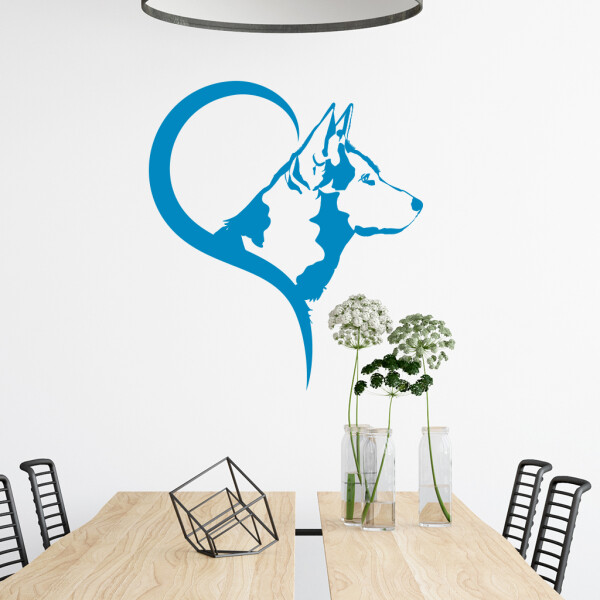 Veselá Stena Samolepka Husky v srdci Farba: modrá, Veľkosť: 80 x 91 cm