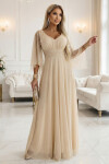 655-4 Dlhé ľahké trblietavé šaty s véčkovým výstrihom a priehľadnými rukávmi - béžovo-šampanská UNI