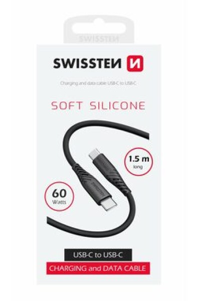 Swissten SOFT SILICONE dátový kábel USB-C 1.5m čierna / 60W / 3A / 1x USB-C(M) / 1x USB-C(M) (71532010)