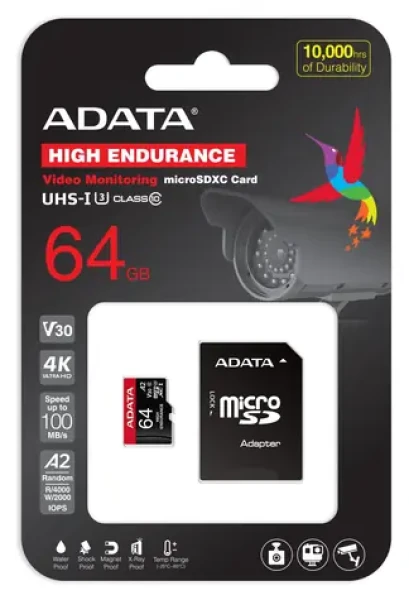ADATA High Endurance / Micro SDXC karta / 64 GB / UHS-I U3 / Class 10 / čítanie 100 MB/s / zápis 80 MB/s / + adaptér (AUSDX64GUI3V30SHA2-RA1)
