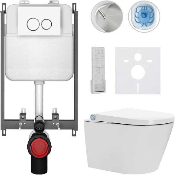 CERANO - Závesné WC s bidetom Basic/Cronus Premium - biela lesklá - WC tlačidlo Dualo/Biela - na zamurovanie - 59,3x38,4 CER-8050BD86466