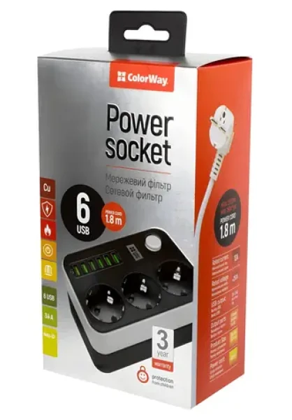 Colorway Predlžovací prívod / Predlžovací kábel / 3x Schuko / 6x USB 5V / 1,8 m (CW-CHE36B)