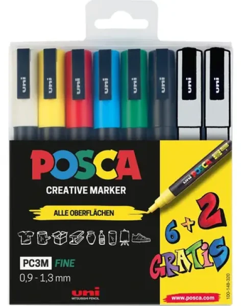 POSCA PC- 3M 6+2 / Akrylový popisovač / Sada 8 farieb (186825)