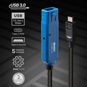 Lindy USB-C - USB-A aktívny predlžovací kábel čierna / Kábel USB / USB 3.2 Gen 1 / 5 m (43380)