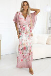 603-4 Vzdušné maxi šaty s obálkovým výstrihom a kvetinovým vzorom - PINK Roses UNI