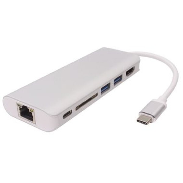 PremiumCord Prevodník USB3.1 na HDMI/RJ45/2x USB3.0/slot na SD karty/PD charge/0,2m/strieborná (ku31dock05)