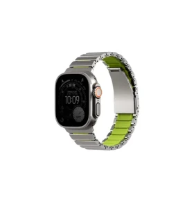 UNIQ Strova Flex remienok pre Apple Watch 49/46/45/44 mm, Titanium silver/Lime green (8886463697832)
