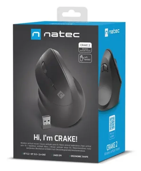 Natec Crake 2 čierna, pre ľavákov / Bezdrôtová optická myš / Vertikálne / 2 400 DPI / USB + Bluetooth / 6 tlačidiel (NMY-2049)