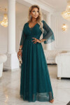 654-1 Dlhé lesklé plus size šaty s výstrihom a priehľadnými rukávmi - fľaškovo zelené UNI