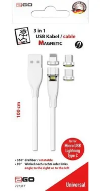 2GO biela / Nabíjací kábel 3v1 / USB-A na USB-C, Micro-USB, Lightning / magnetický konektor / 1 m (797317)