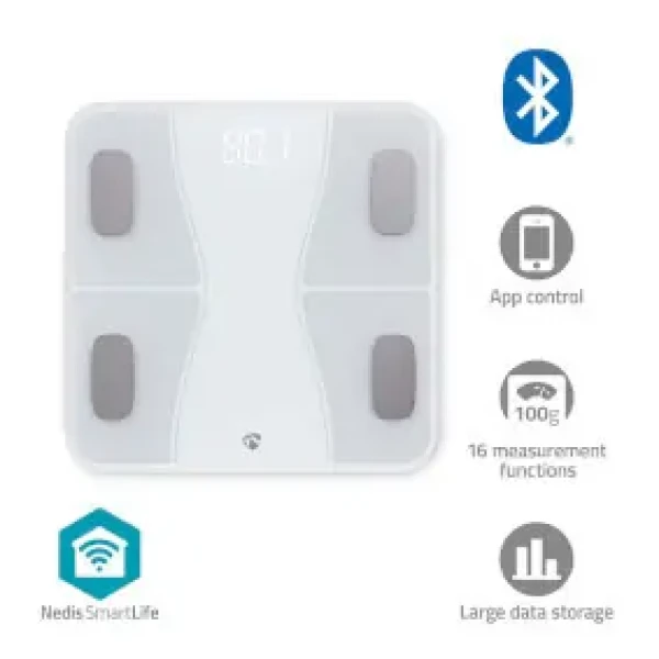 Nedis Chytrá osobná váha / Bluetooth / BMI / BMR / SmartLife / Android (BTHPS11WT)