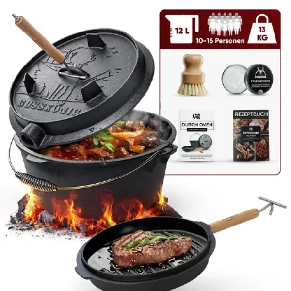 GUSSKÖNIG Liatinový hrniec Dutch Oven 12L s nožičkami / Sada s príslušenstvom / vopred vypálený / pre 10-16 osôb (GK-7)