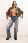 Dámska semišová bunda s leopardím vzorom a khaki strapcami UNI