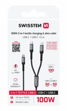Swissten Nabíjací kábel 2v1 100W 1.5m čierna / 100W / 3x USB-C (M) (72501201)