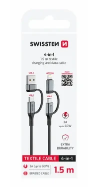 Swissten Textilný dátový kábel 4v1 60W USB-C/USB-A/Lightning 1.5m čierna (74501102)