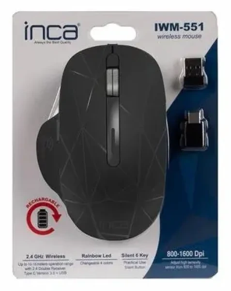 INCA IWM-551 čierna / Bezdrôtová myš / 1600 DPI / 6 tlačidiel / RF 2,4 GHz / LED (IWM-551)