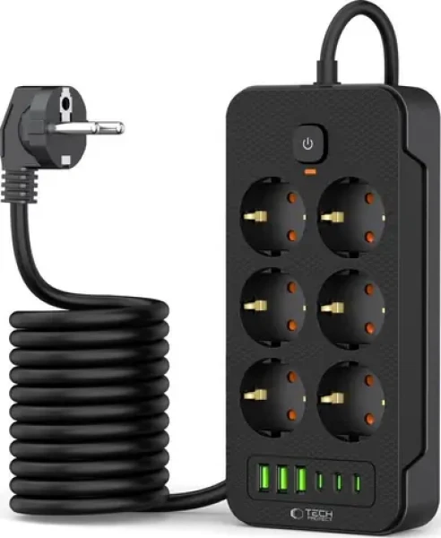 Tech-Protect Predlžovací kábel 6 zásuviek čierna / Predlžovací kábel / 6x zásuvka / 2 m (5906302310586)