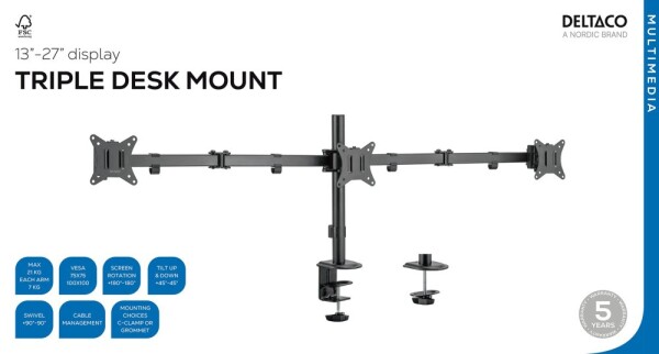 Deltaco Triple Desk Mount, tilt, swivel, rotate, 13-27", 7 kg