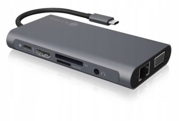 IcyBox IB-DK4040-CPD USB-C Hub 10v1 strieborná / 3x USB 3.0 / 1x USB-C / HDMI / VGA / Gigabit LAN / 3.5 mm jack (60514)