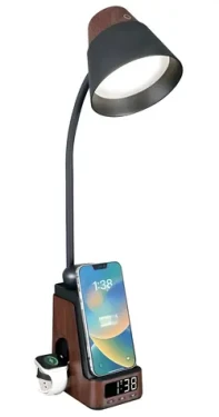 Immax Ideal tmavé drevo, čierna / Stolová lampička / Qi nabíjanie / CCT / 8W / 800lm / budík s hodinami (08999L)