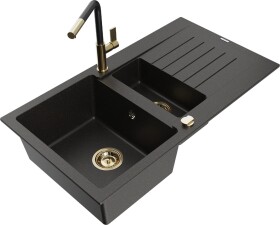 MEXEN/S MEXEN/S - Matias granitový drez 1.5 s odkvapkávačom vrátane batérie Flora, čierna/zlatá 6502-75-670401-57-G